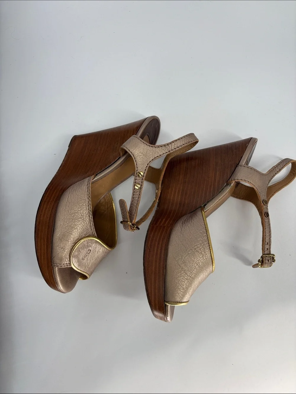 Chloe leather Metallic Peep Toe Ankle Strap Wooden Wedge rare sandal shoes 36